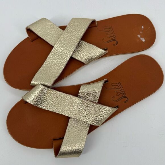 Sseko Gold Leather Cross Slide Sandals Size 10 - Picture 3 of 7
